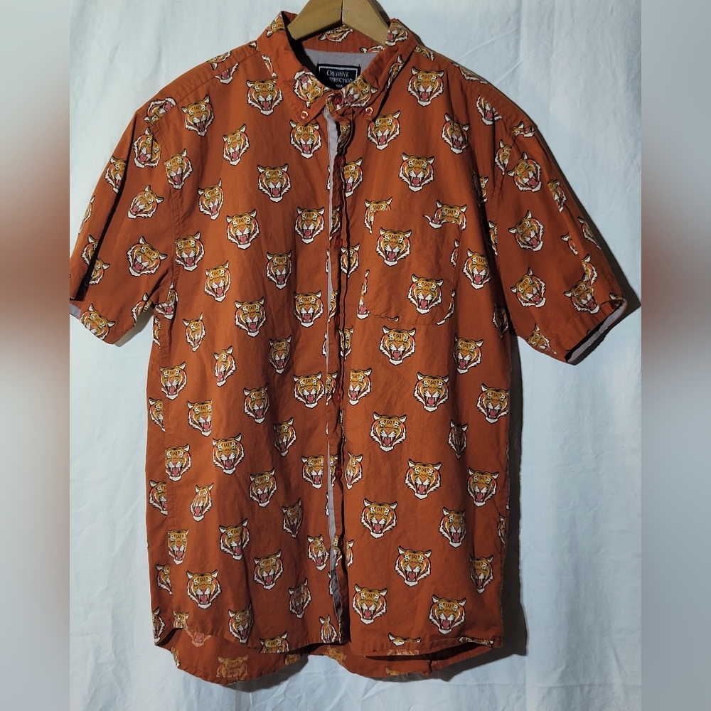 Creative Destruction Large Tiger Short Sleeve Button up .